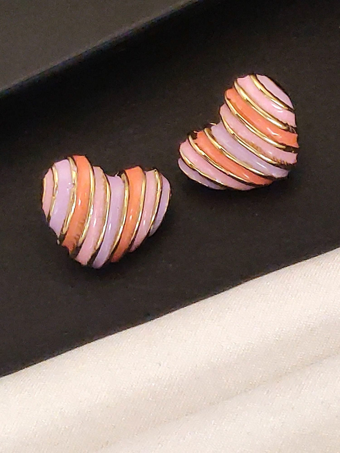Colourful Gold Plated Heart Earring with Striped Design in Pink and Purple for a Stylish Look