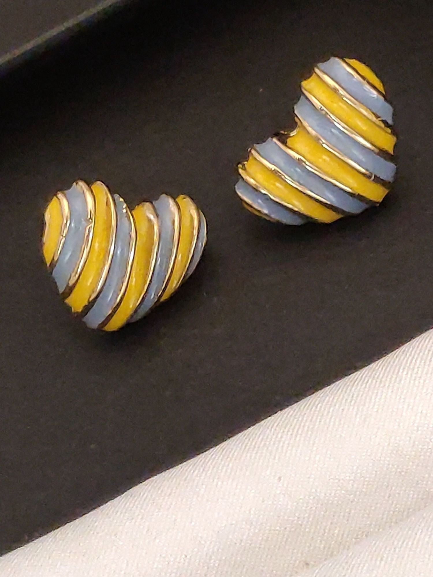 Colourful Gold Plated Heart Earring with Blue and Yellow Stripes for Stylish Accessory Lovers