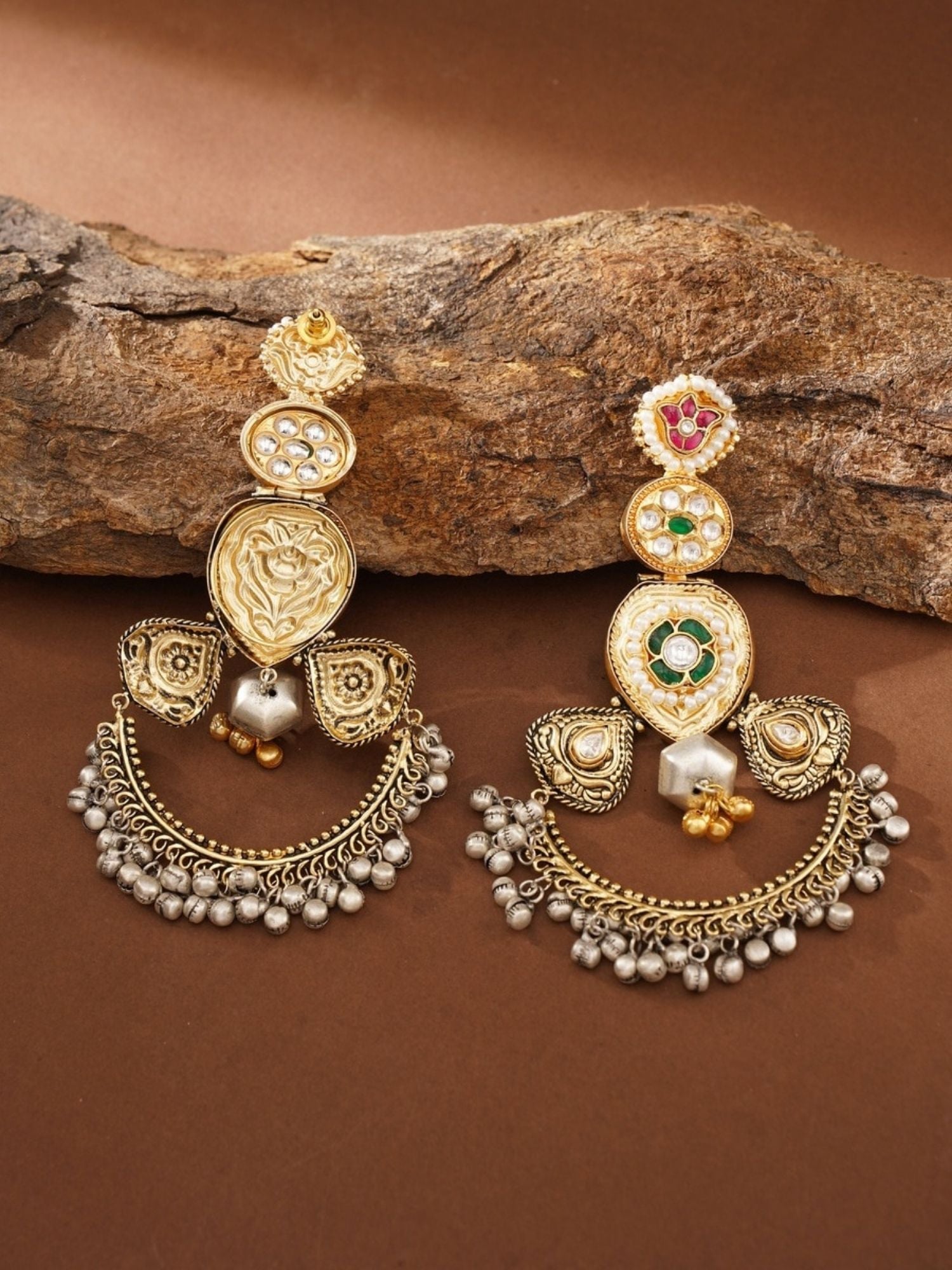 Abdesignsjewellery Cultural Dual Tone Plated Long Earring with intricate gold and silver detailing and colorful stones