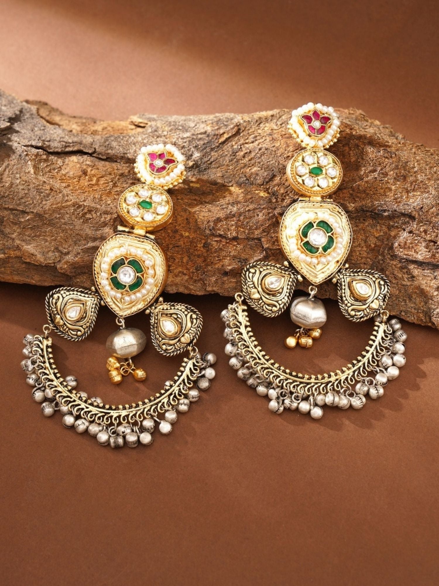 Abdesignsjewellery Cultural Dual Tone Plated Long Earring with intricate gold and silver design and colorful stones