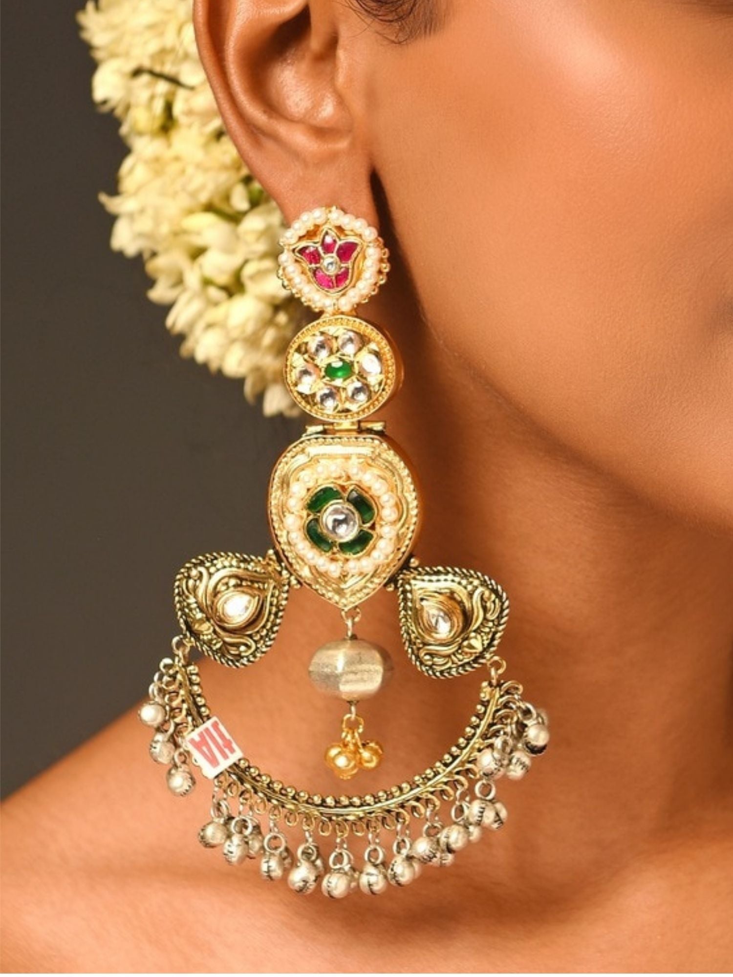 Abdesignsjewellery Cultural Dual Tone Plated Long Earring with intricate traditional design and dangling elements