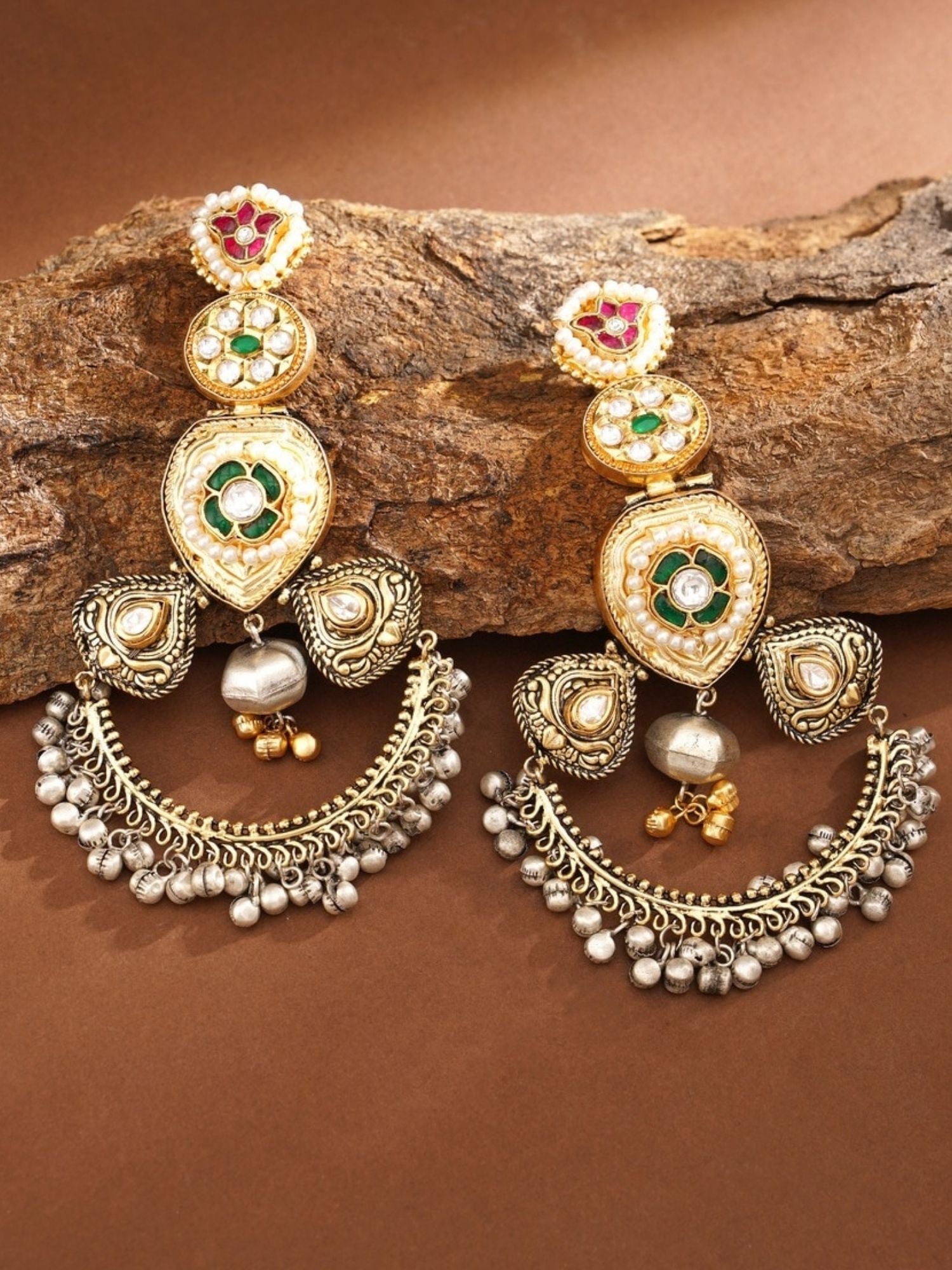 Abdesignsjewellery Cultural Dual Tone Plated Long Earring with intricate green and red design and silver bead detailing