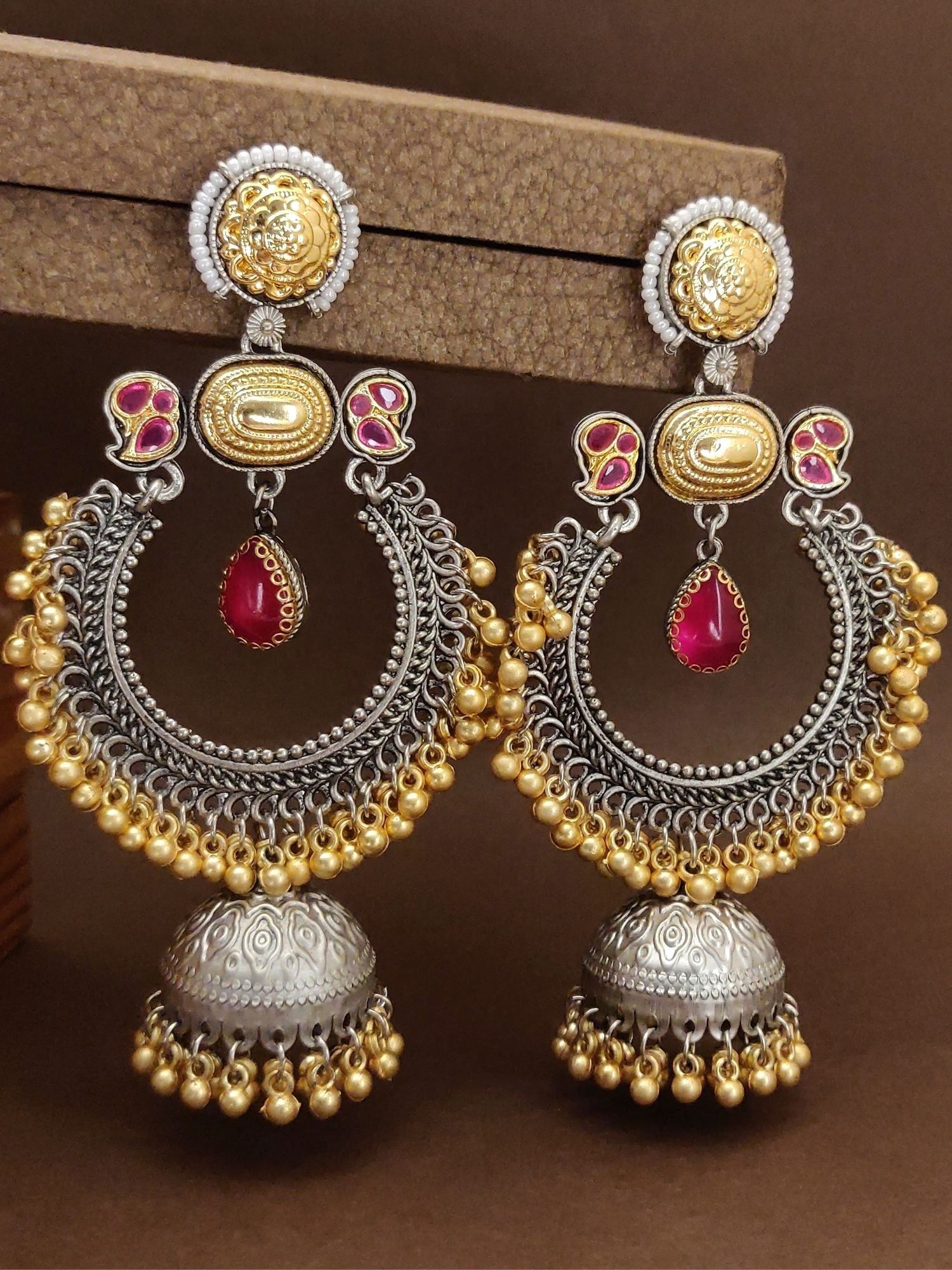 Dual Tone Plated Chandbali Earring with intricate gold and silver detailing and colorful gemstone accents