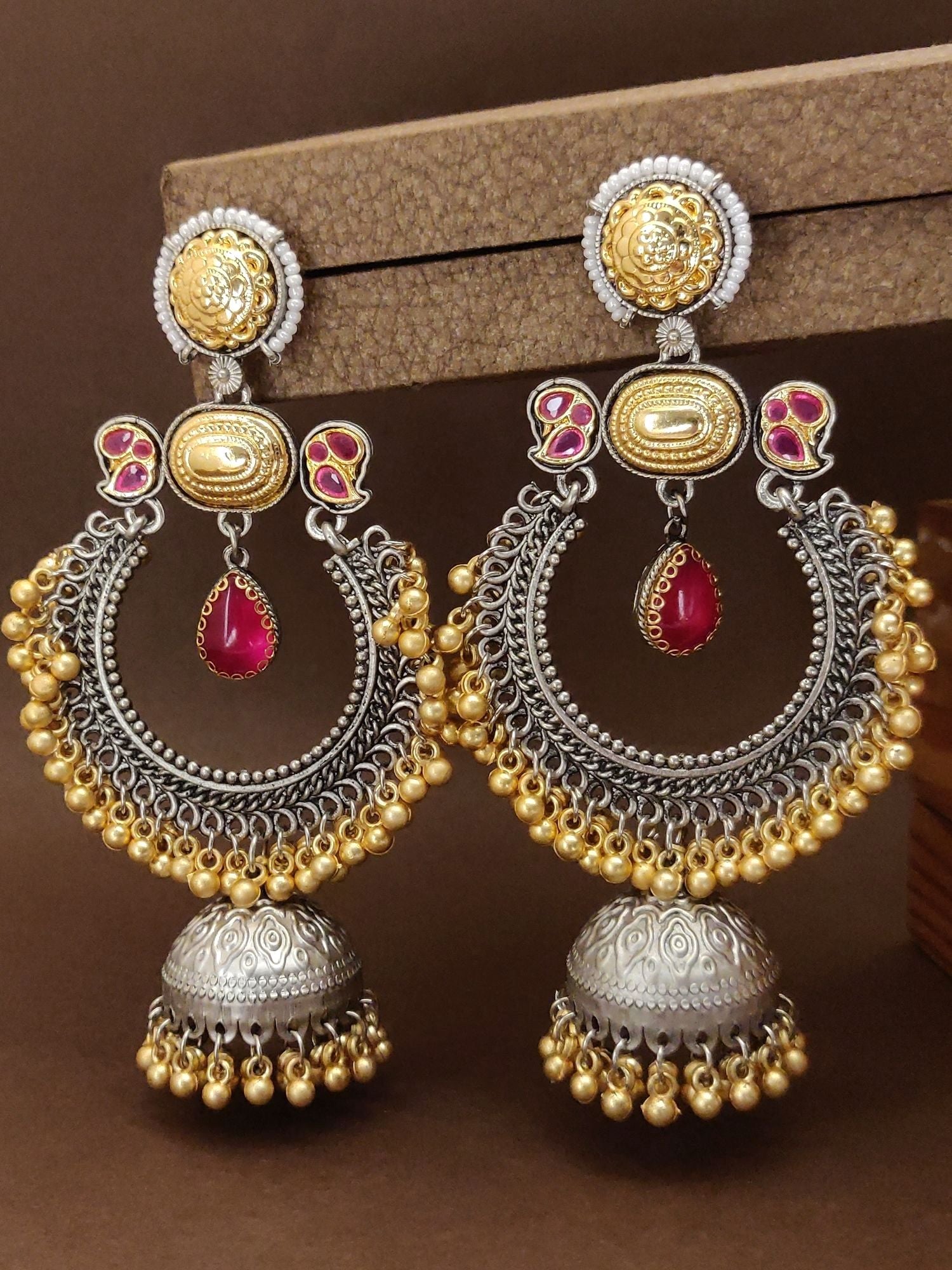 Stunning Dual Tone Plated Chandbali Earring with intricate designs and colorful embellishments