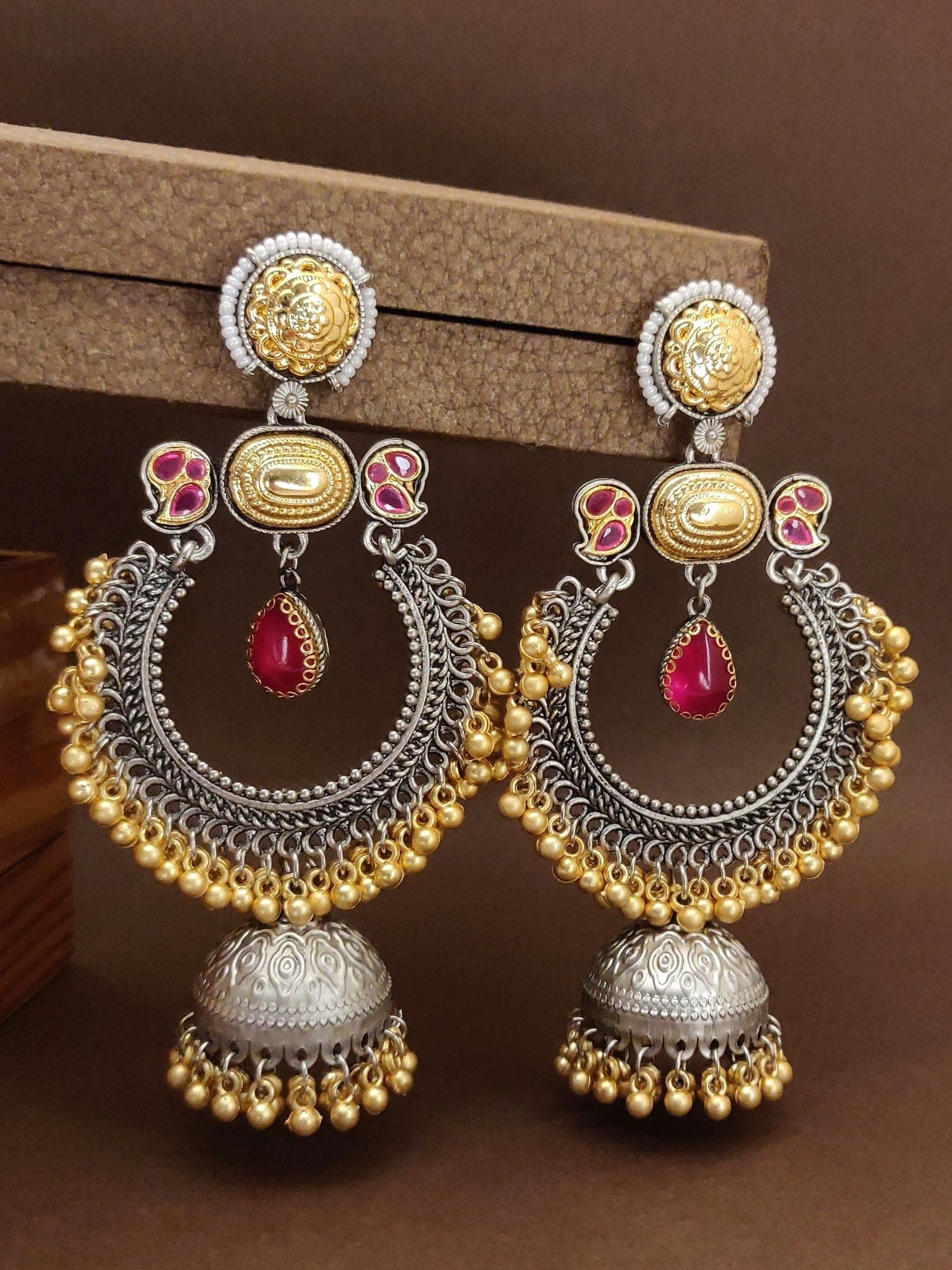 Dual Tone Plated Chandbali Earring with intricate detailing and colorful gemstone accents