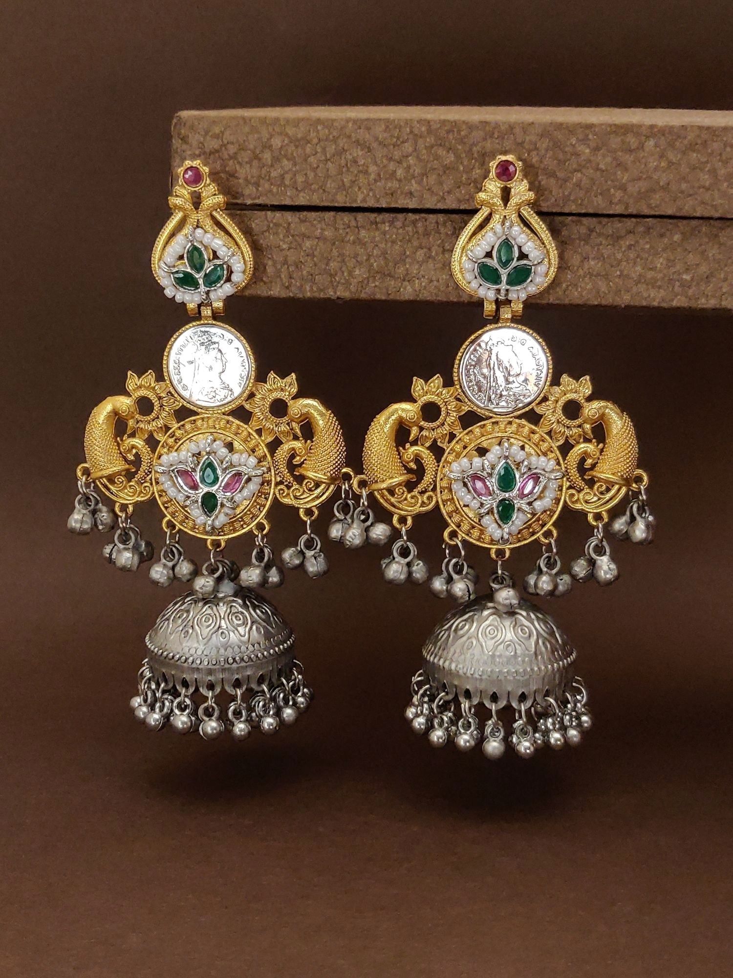 Dual Tone Plated Peacock Earrings featuring intricate design and decorative hanging elements