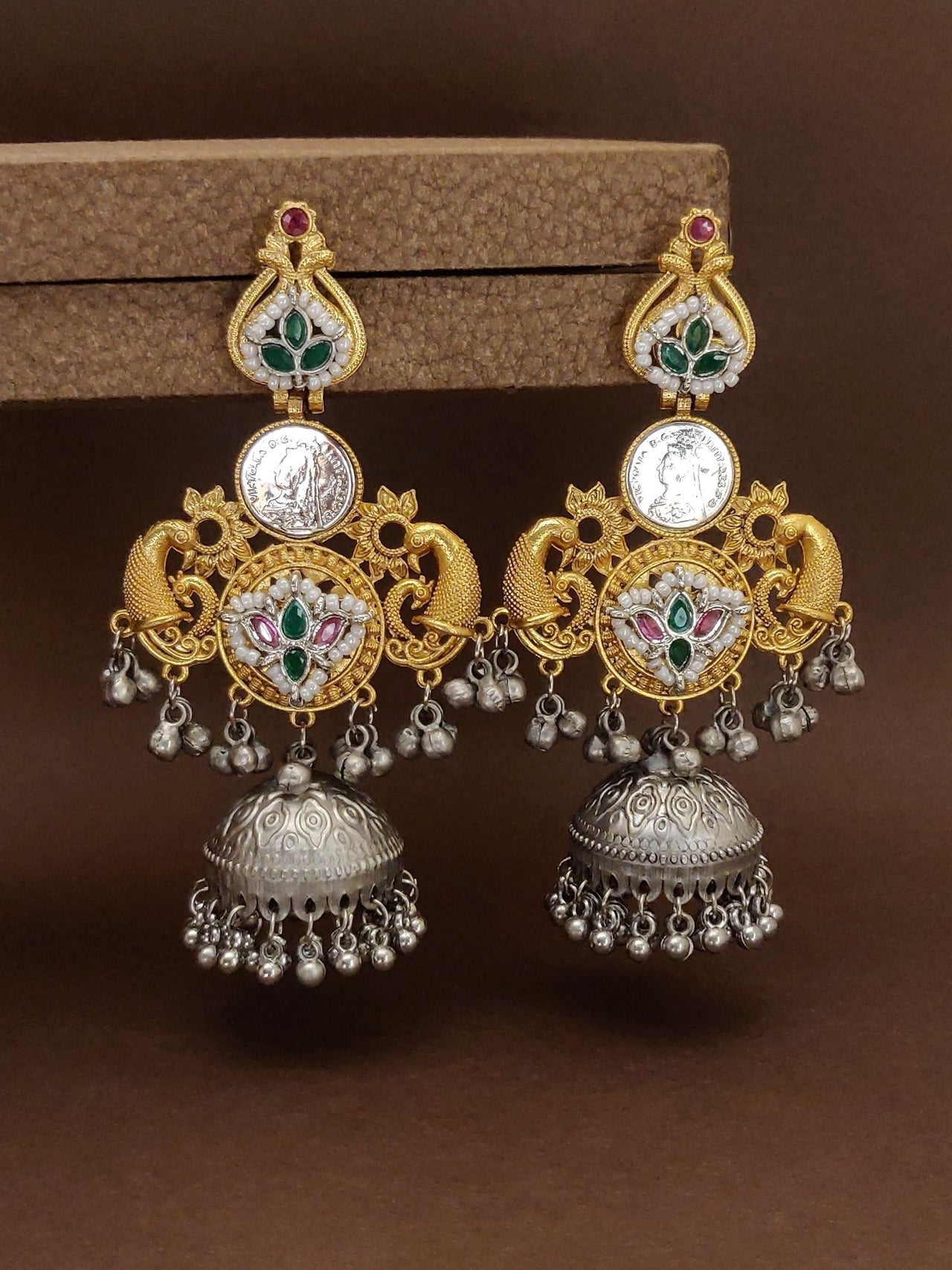 Dual Tone Plated Peacock Earrings with intricate designs and dangling silver embellishments