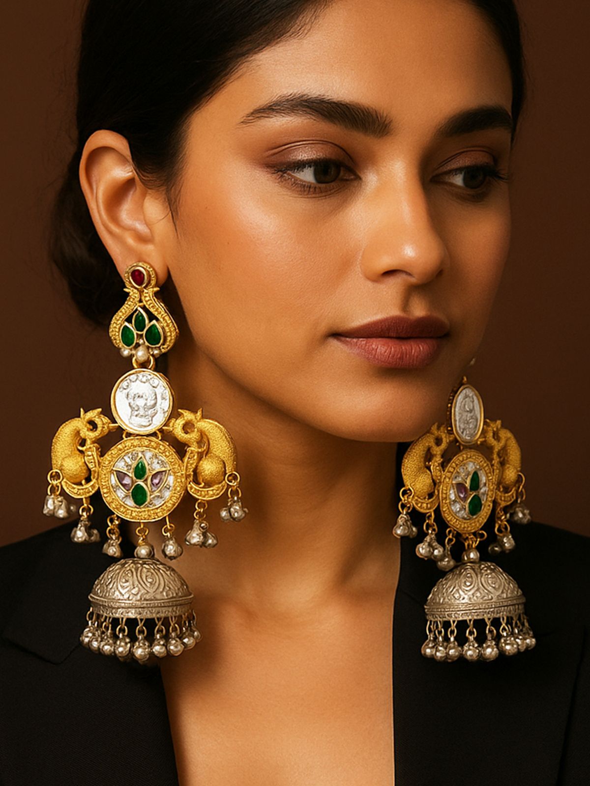 Abdesignsjewellery Dual Tone Plated Peacock Earrings with intricate design and hanging jhumka embellishments