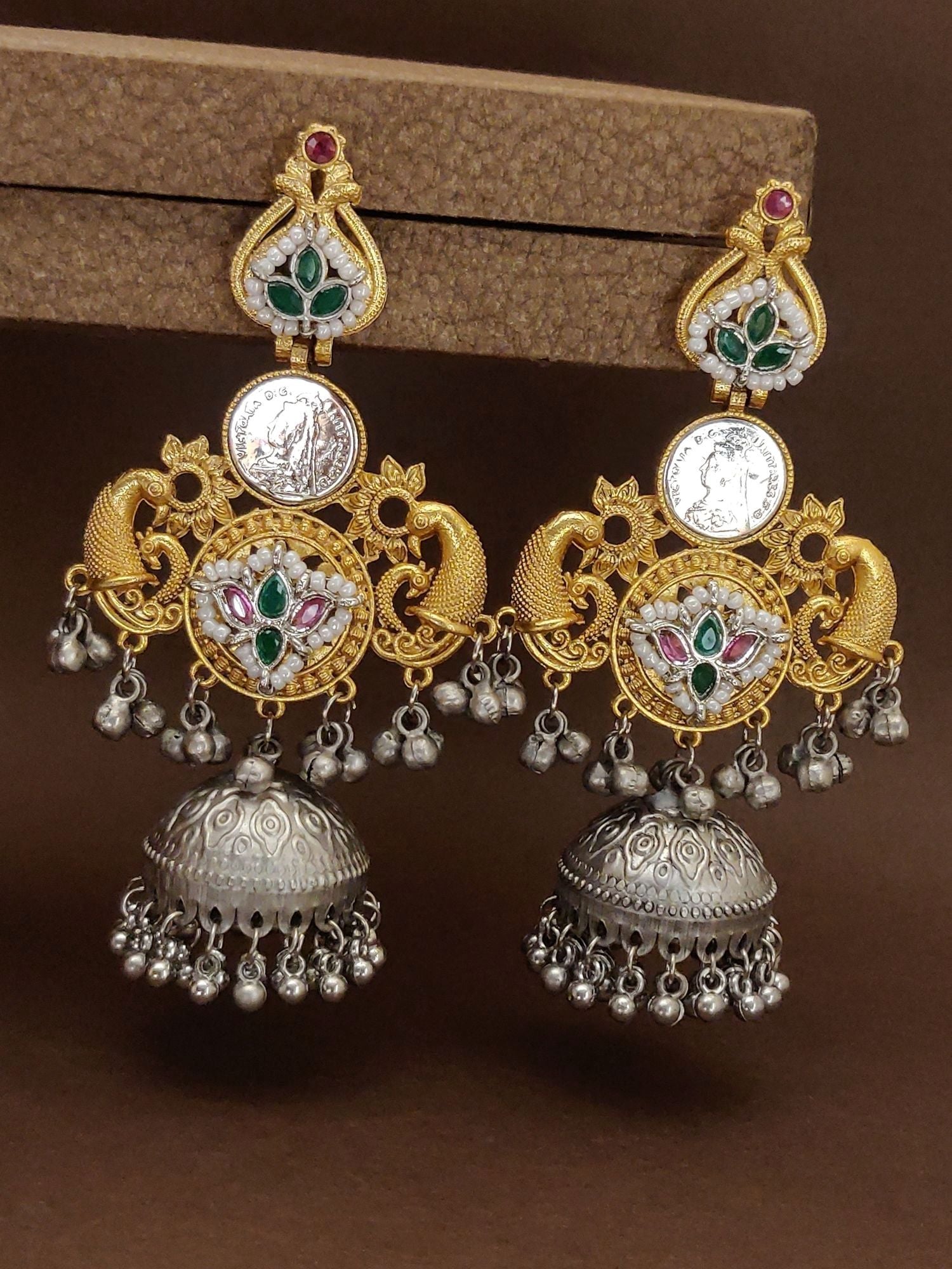 Stunning Dual Tone Plated Peacock Earrings featuring intricate design and hanging silver jhumka elements