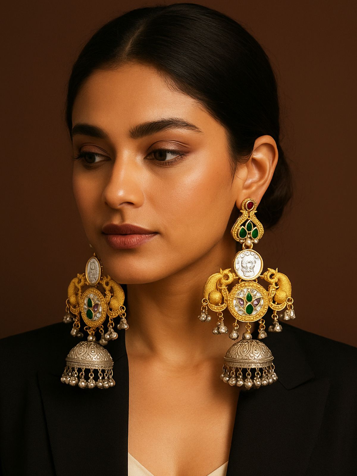 Stunning Dual Tone Plated Peacock Earrings with intricate design and embellishments showcased on a model