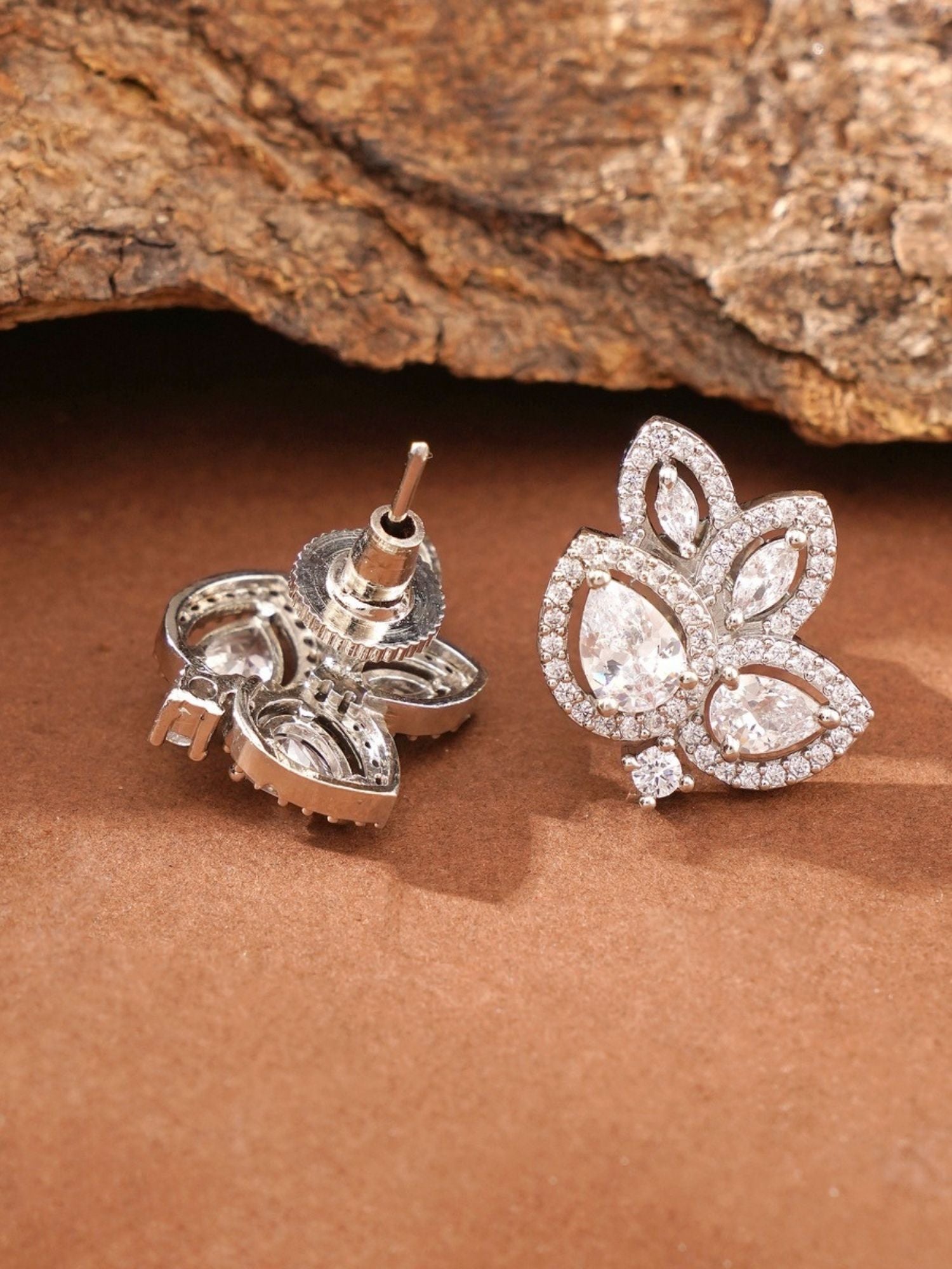 Abdesignsjewellery elegant designer floral studs silver plated with cubic zirconia halo and push backs