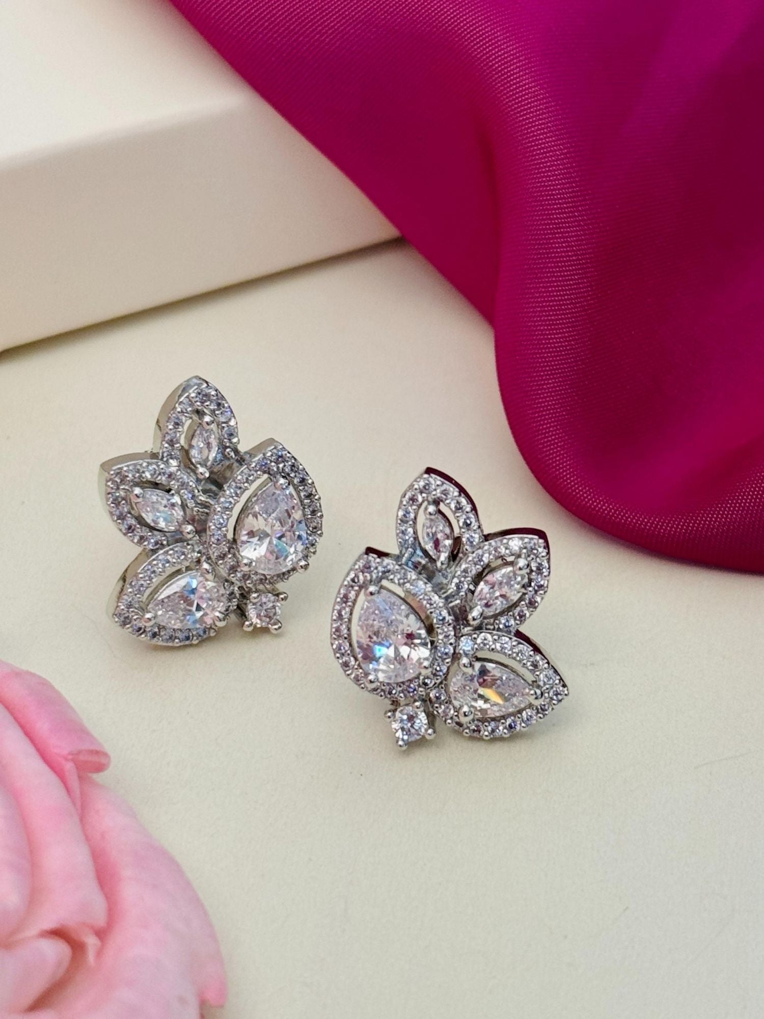 Abdesignsjewellery silver crystal floral earrings pair with teardrop and marquise stones elegant designer floral studs