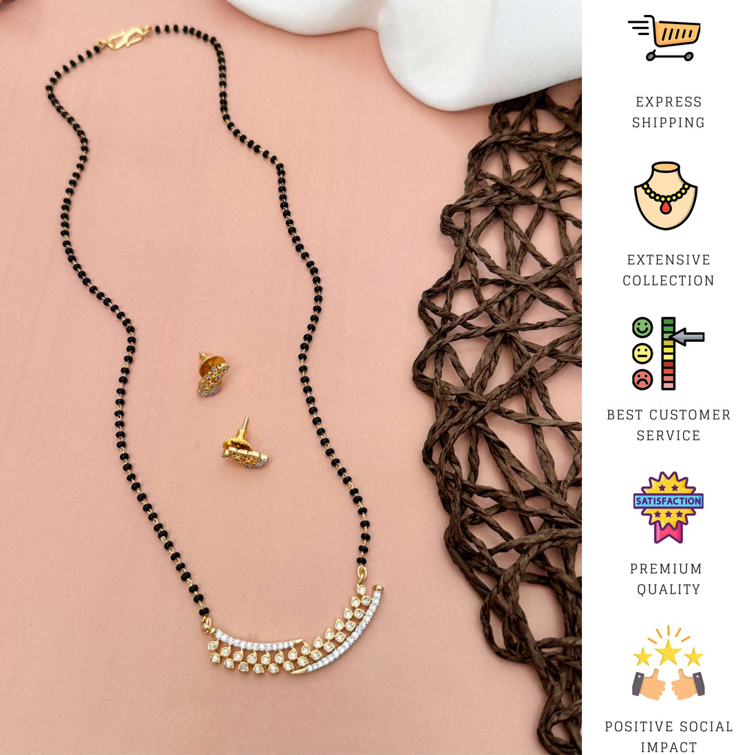 Elegant Gold Plated American Diamond Mangalsutra Set with black beads worn around neck