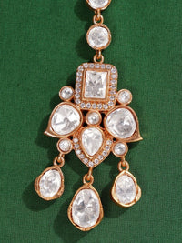 Thumbnail for Elegant Polki Paachi Kundan Maangtikka with intricate white stones set in gold tone on green background