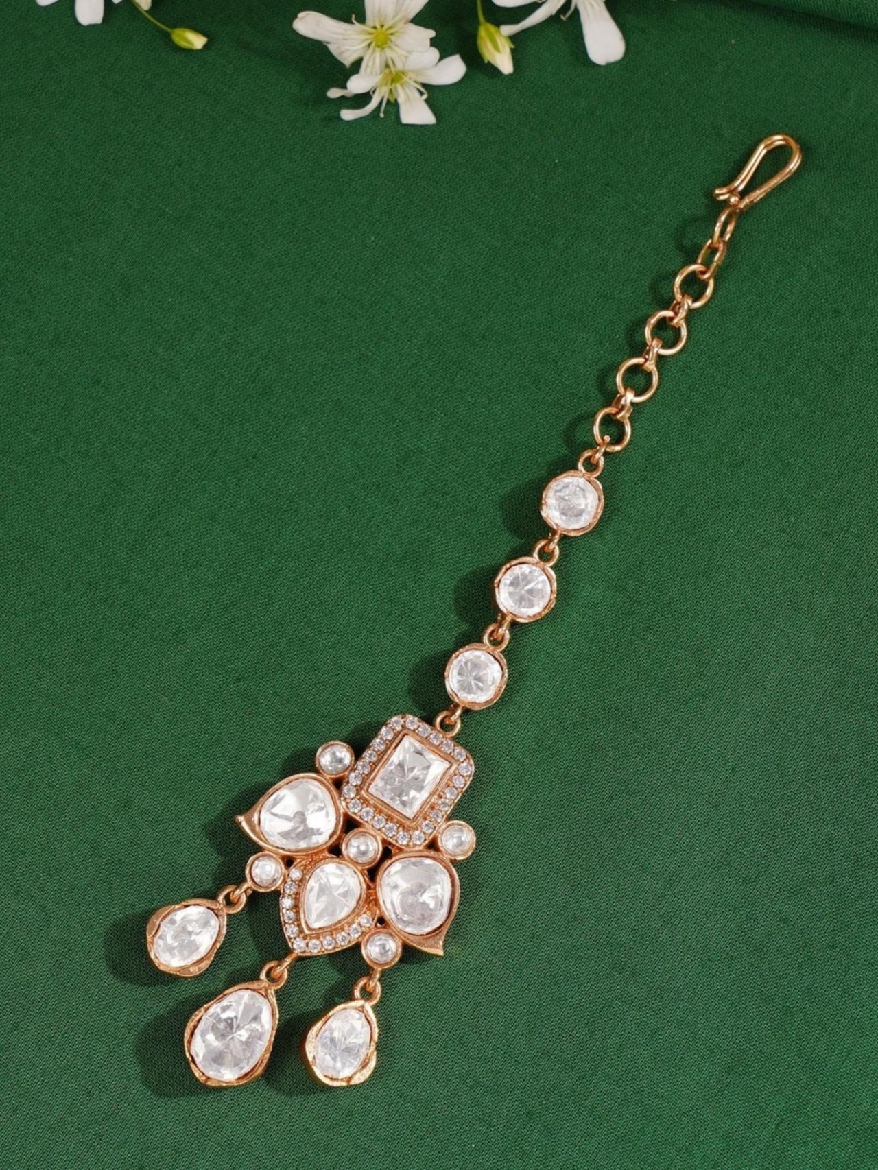 Elegant Polki Paachi Kundan Maangtikka with white stones and gold chain by Abdesignsjewellery