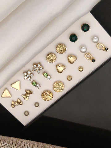 Elegant Set Of 12 Gold Plated Studs Earring Combo featuring various designs and gems for versatile styling