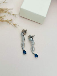 Thumbnail for Elegant Silver Plated American Diamond Necklace Set featuring dangling earrings with blue teardrop stones