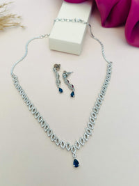 Thumbnail for Elegant Silver Plated American Diamond Necklace Set with blue teardrop pendant and matching earrings