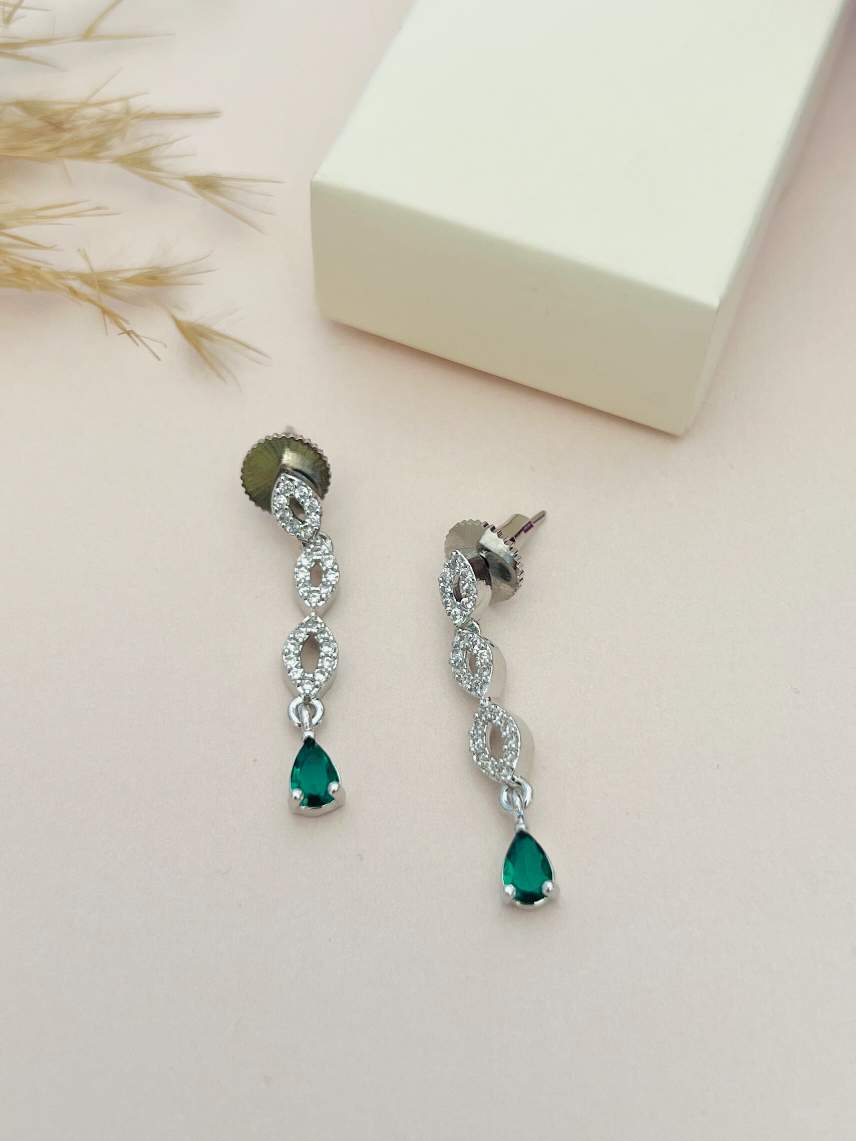 Elegant Silver Plated American Diamond Necklace Set featuring silver chain with green teardrop stones