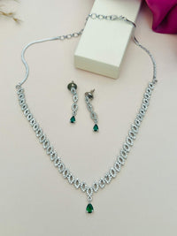 Thumbnail for Elegant Silver Plated American Diamond Necklace Set with green teardrop stones and matching earrings by Abdesignsjewellery