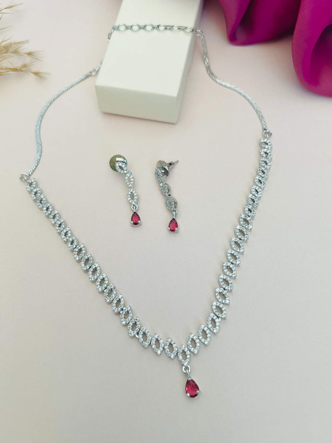Elegant Silver Plated American Diamond Necklace Set with blue teardrop pendant and matching earrings