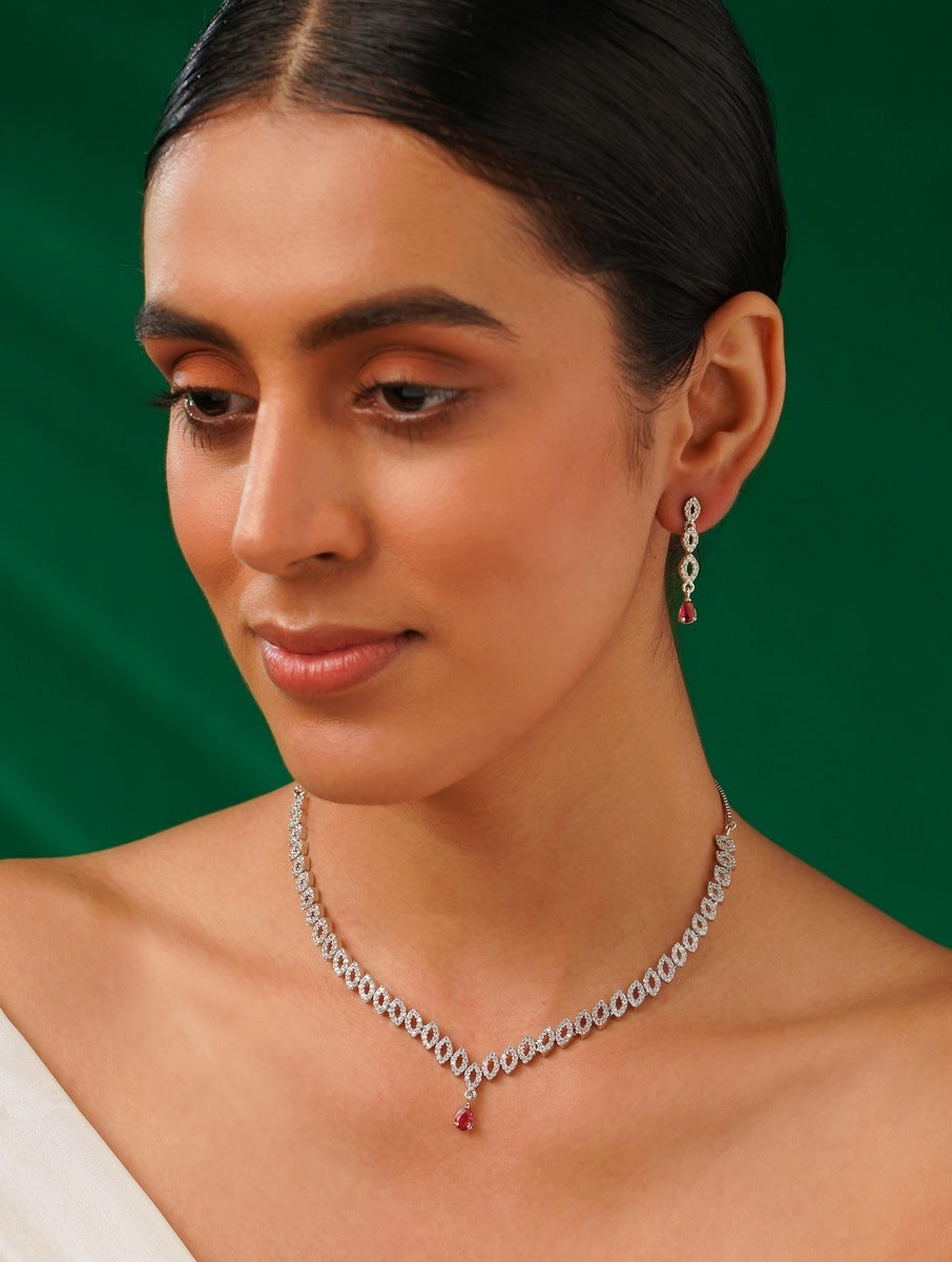 Elegant Silver Plated American Diamond Necklace Set worn by model with matching earrings by Abdesignsjewellery