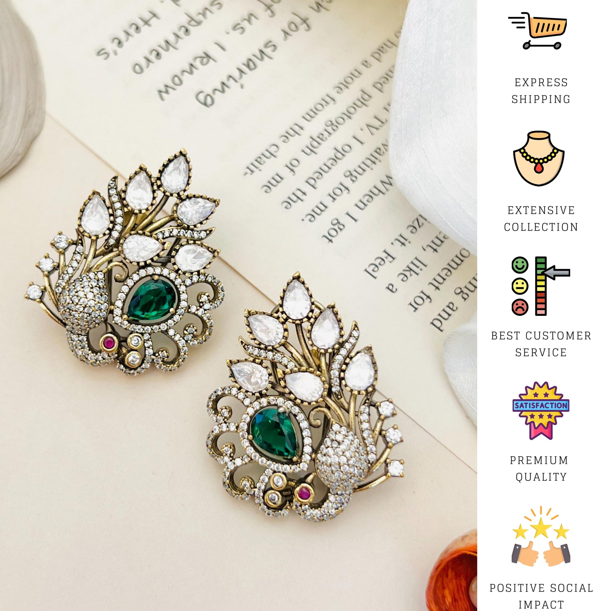 Emerald Antique Peacock Polki Stud Earring with intricate gold design and sparkling white stones by Abdesignsjewellery