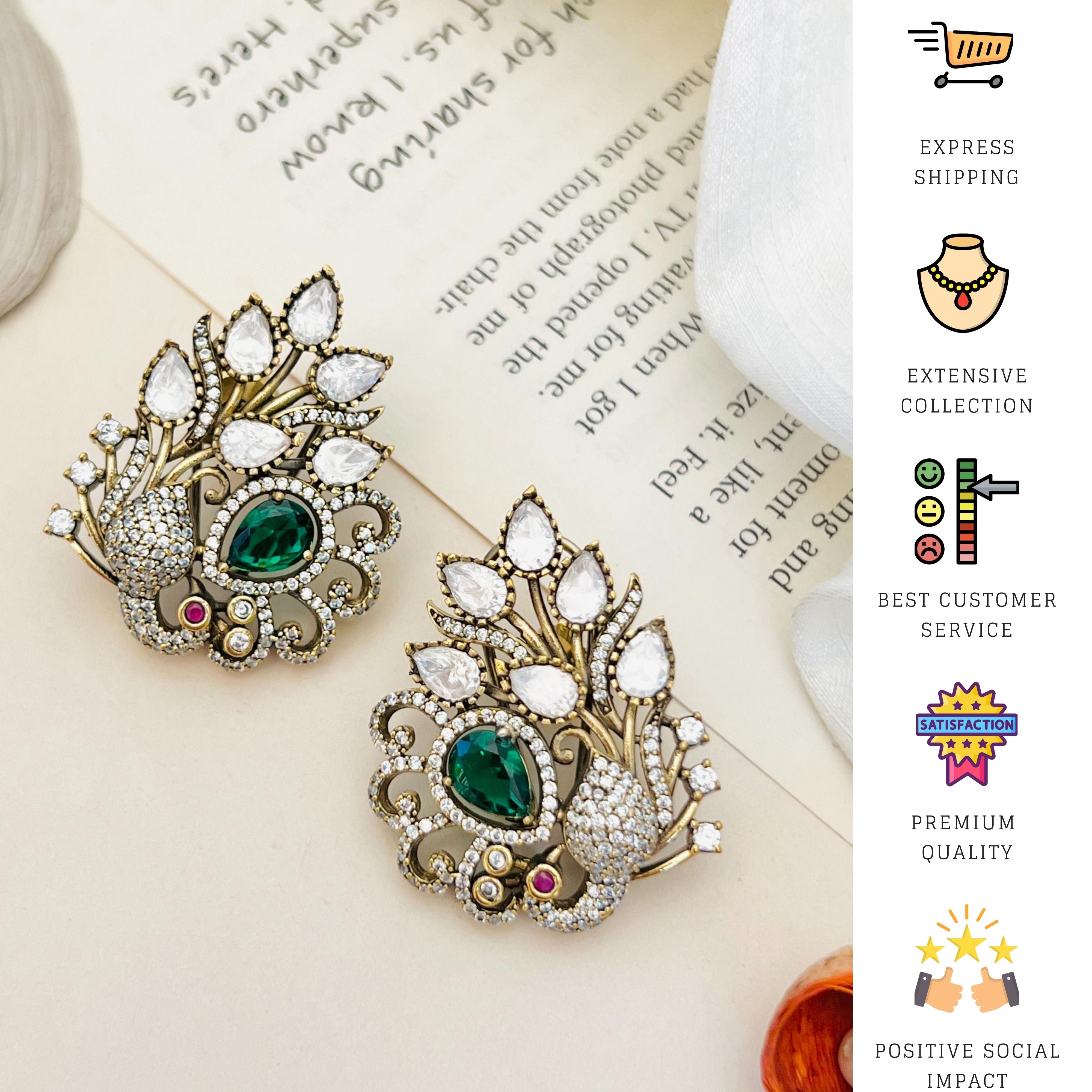 Emerald Antique Peacock Polki Stud Earring with intricate gold design and sparkling white stones by Abdesignsjewellery