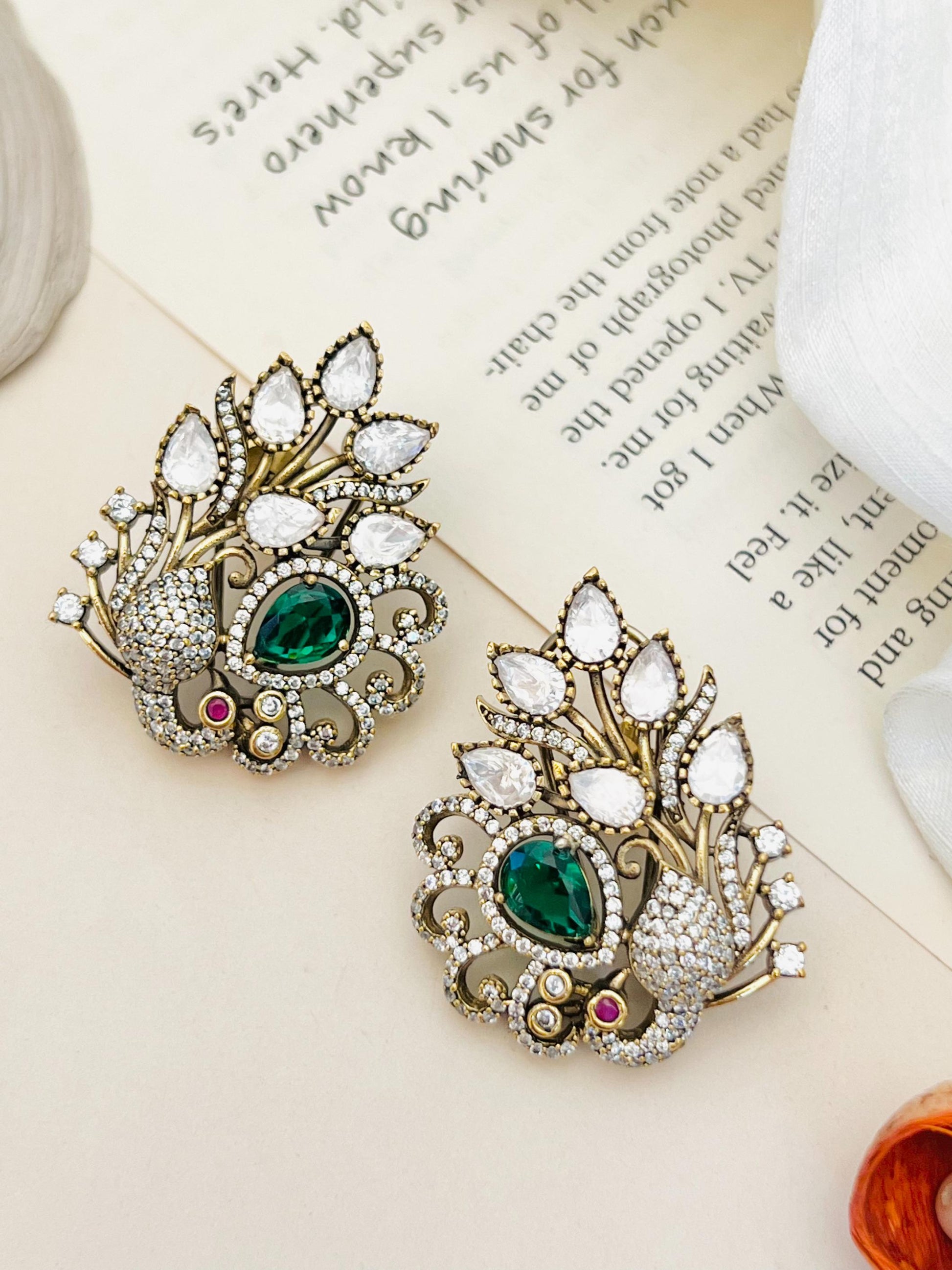 Abdesignsjewellery Emerald Antique Peacock Polki Stud Earring with green and white stones