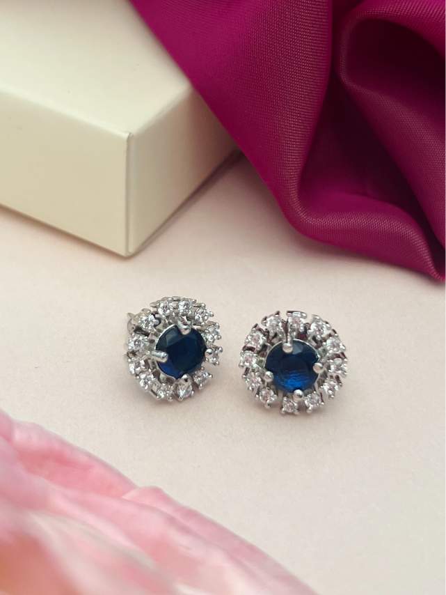 Abdesignsjewellery Emerald & CZ Stud Earrings - Elegant Silver with blue center stones and clear cubic zirconia accents