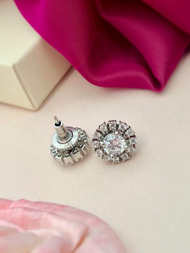 Emerald & CZ Stud Earrings - Elegant Silver with sparkling cubic zirconia stones and secure backings by Abdesignsjewellery