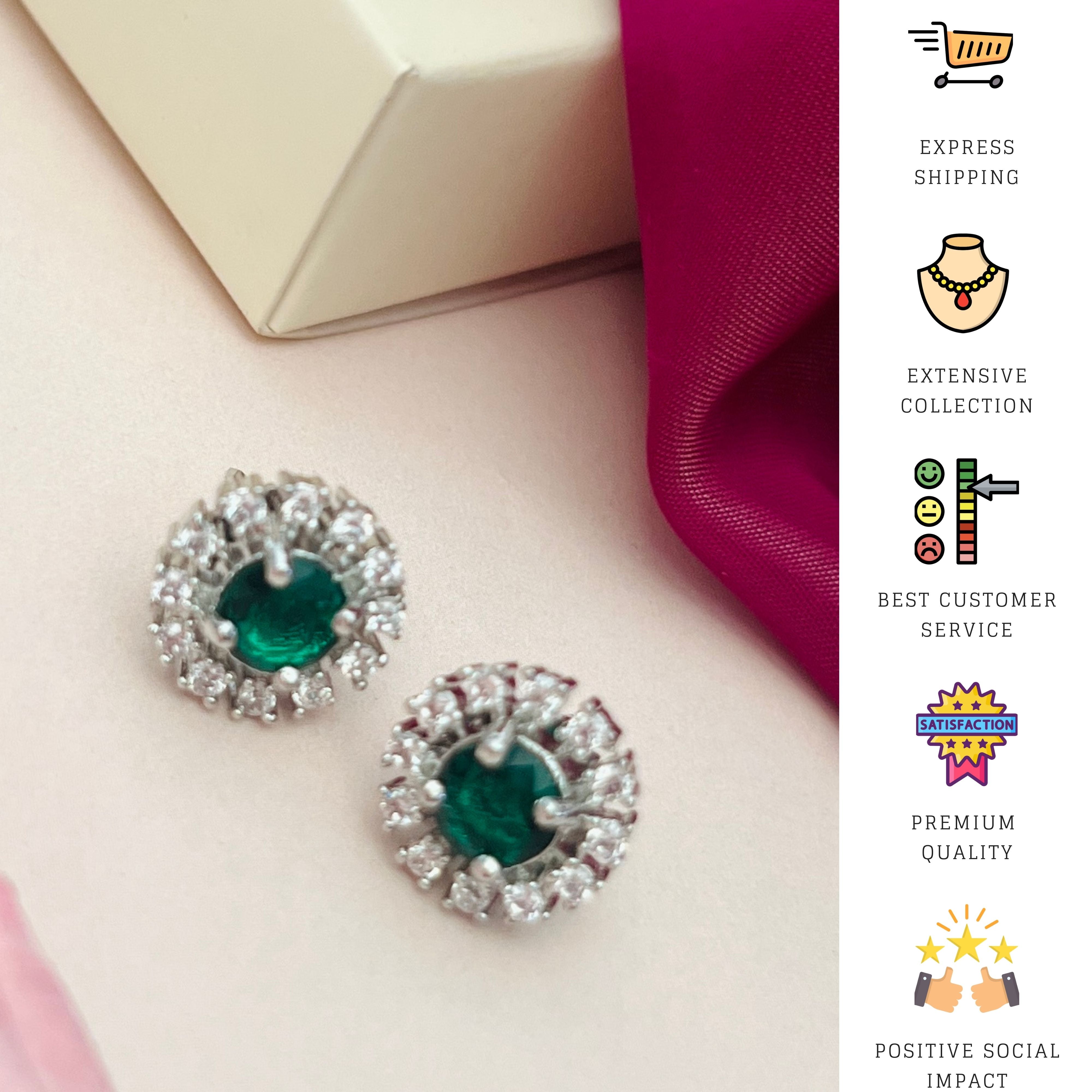 Abdesignsjewellery Emerald & CZ Stud Earrings - Elegant Silver with green emerald center stones surrounded by clear cubic zirconia