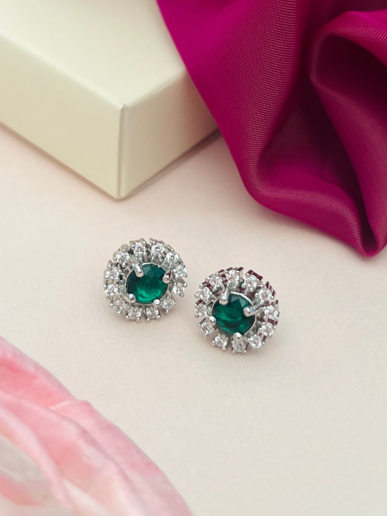Emerald & CZ Stud Earrings - Elegant Silver with green center stones and clear crystals by Abdesignsjewellery