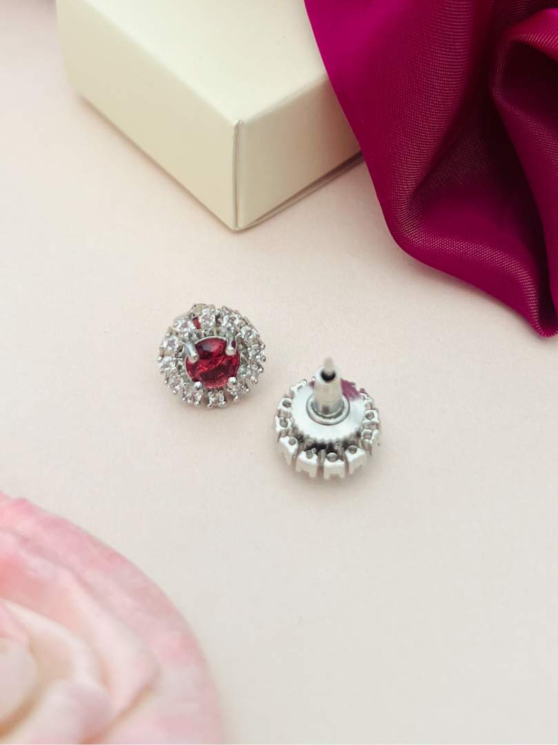 Emerald & CZ Stud Earrings - Elegant Silver with red center gemstone and clear crystals by Abdesignsjewellery