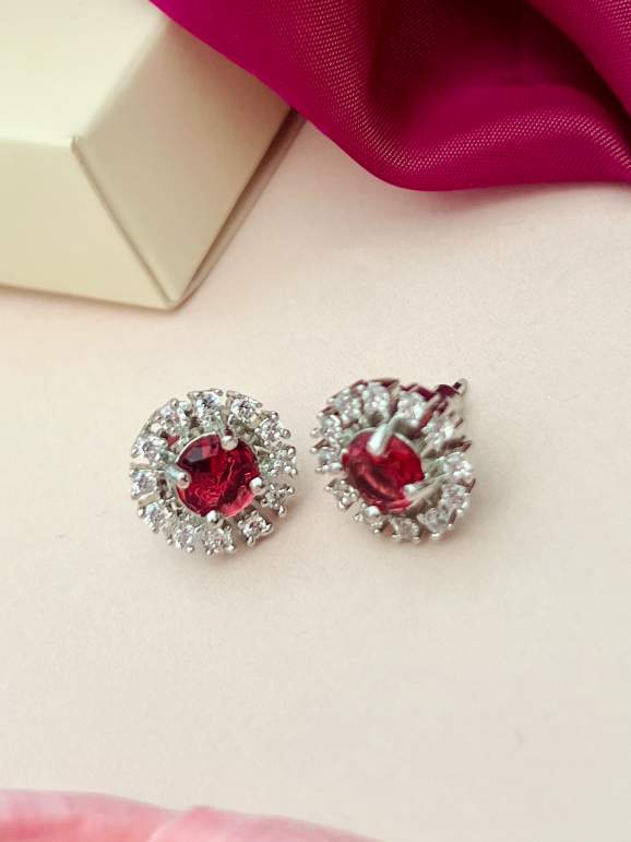 Abdesignsjewellery Emerald & CZ Stud Earrings - Elegant Silver featuring red center stones surrounded by clear crystals
