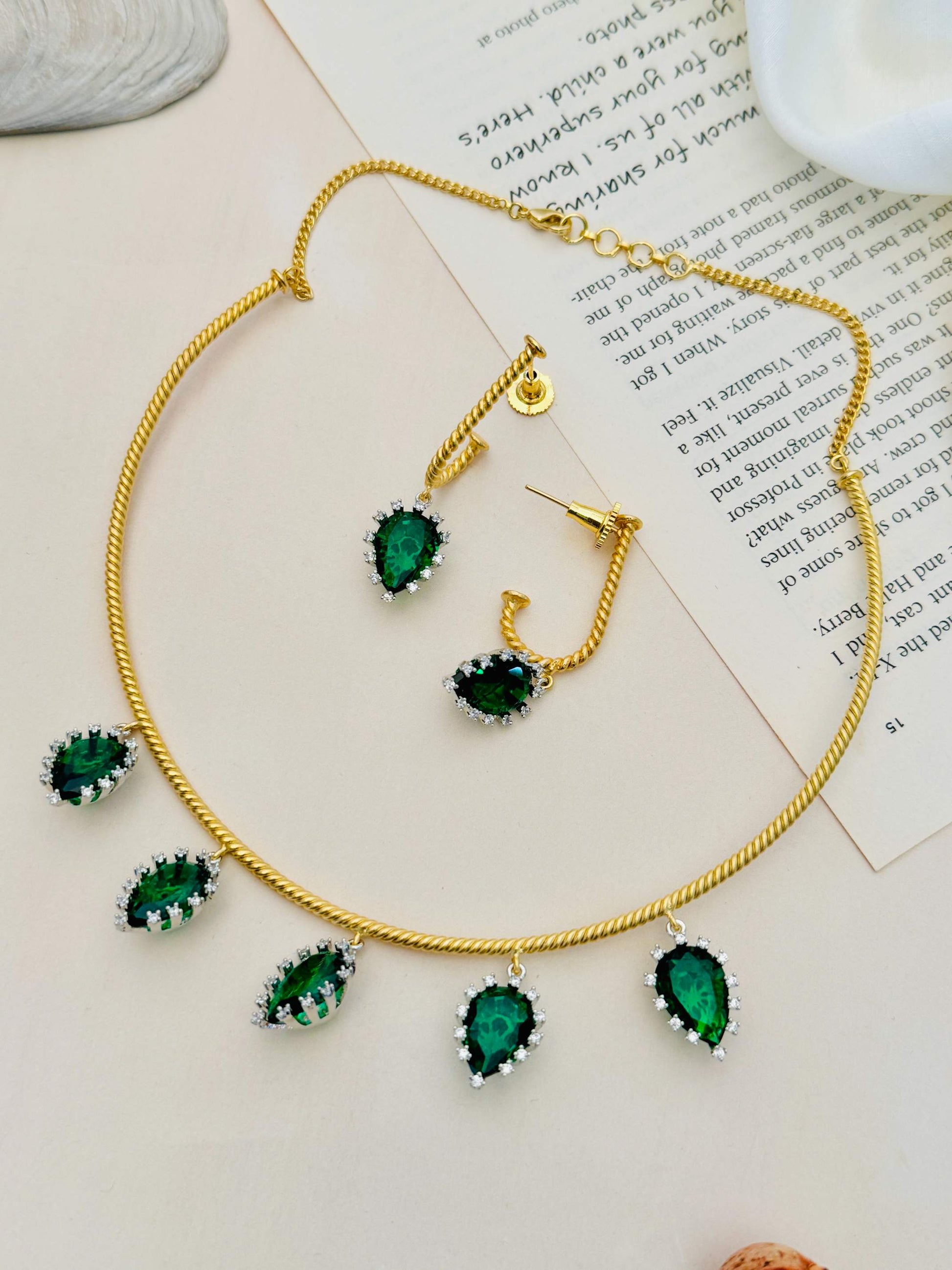 Abdesignsjewellery Emerald Green Hasli Necklace Set with gold chain and green gemstone pendants