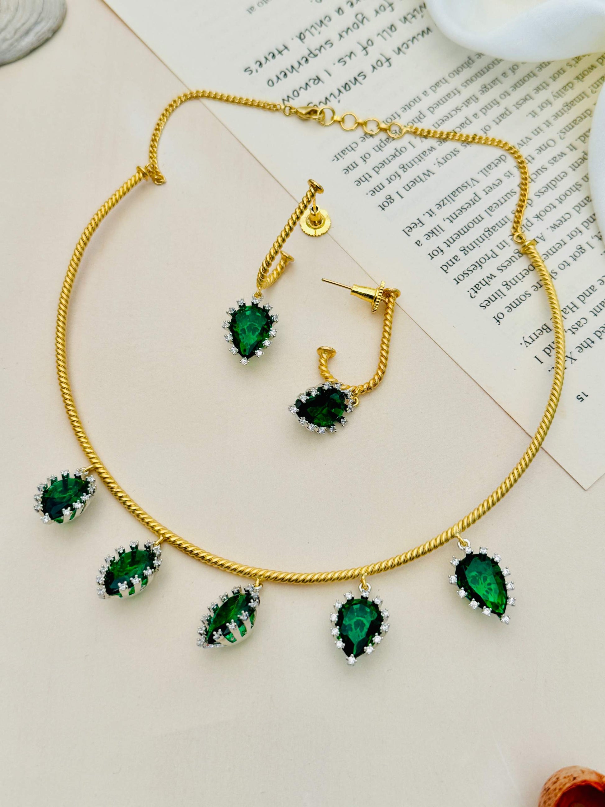 Abdesignsjewellery Emerald Green Hasli Necklace Set with gold chain and green teardrop stones