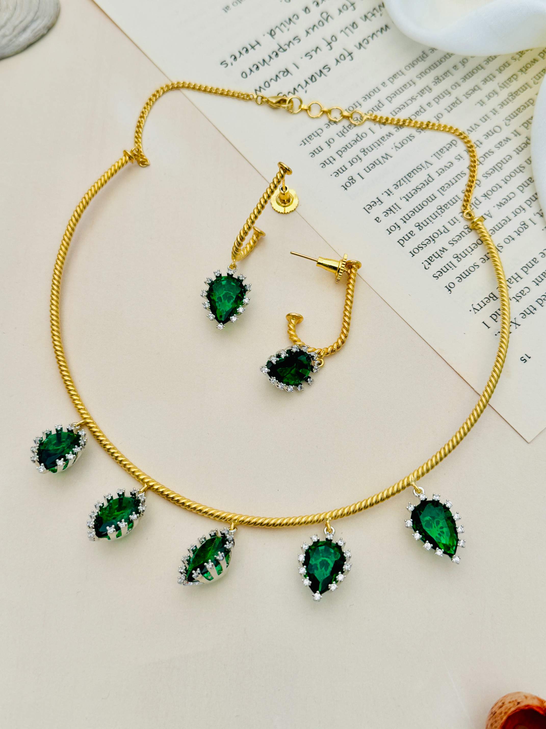 Abdesignsjewellery Emerald Green Hasli Necklace Set with gold chain and green teardrop stones