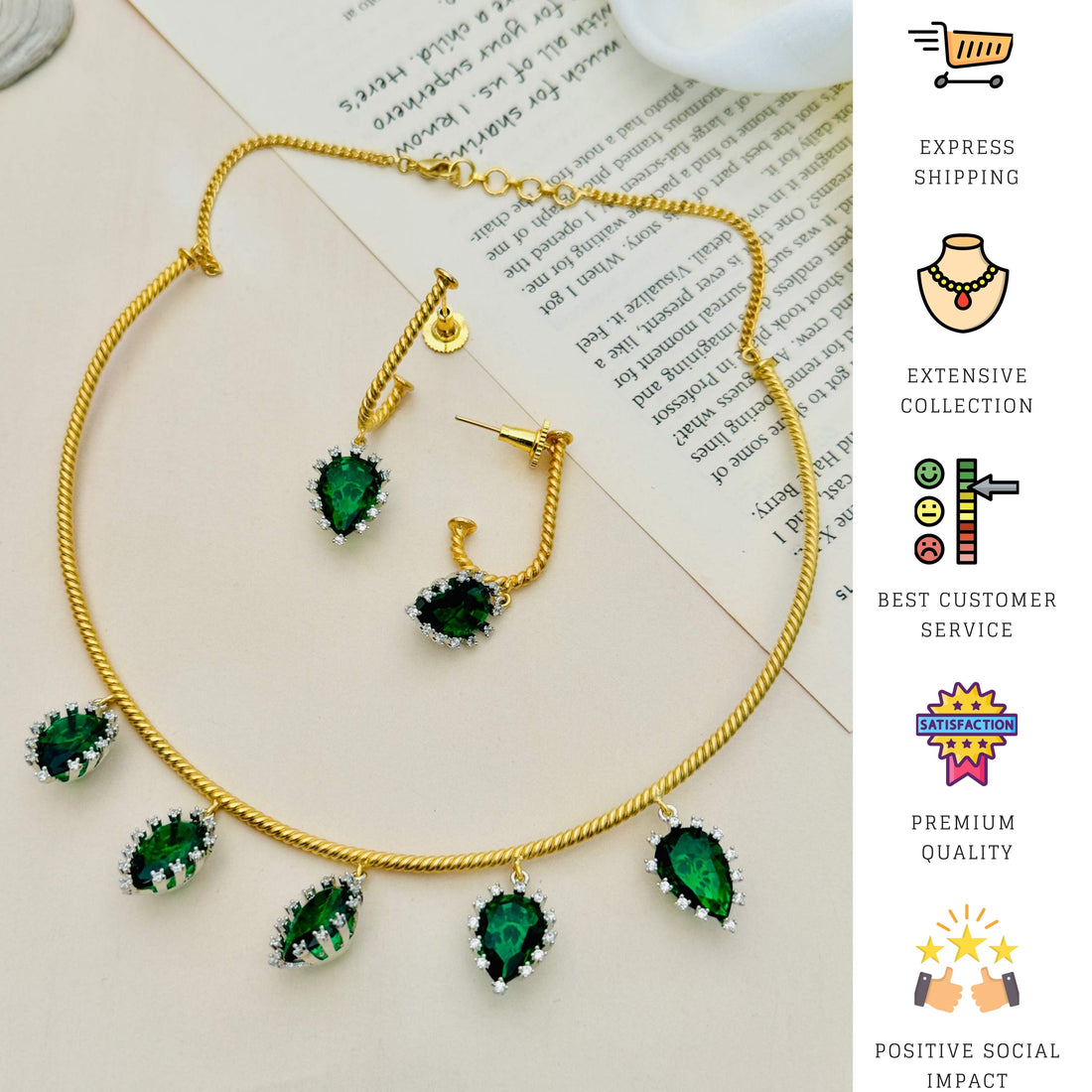Abdesignsjewellery Emerald Green Hasli Necklace Set with gold finish and matching earrings