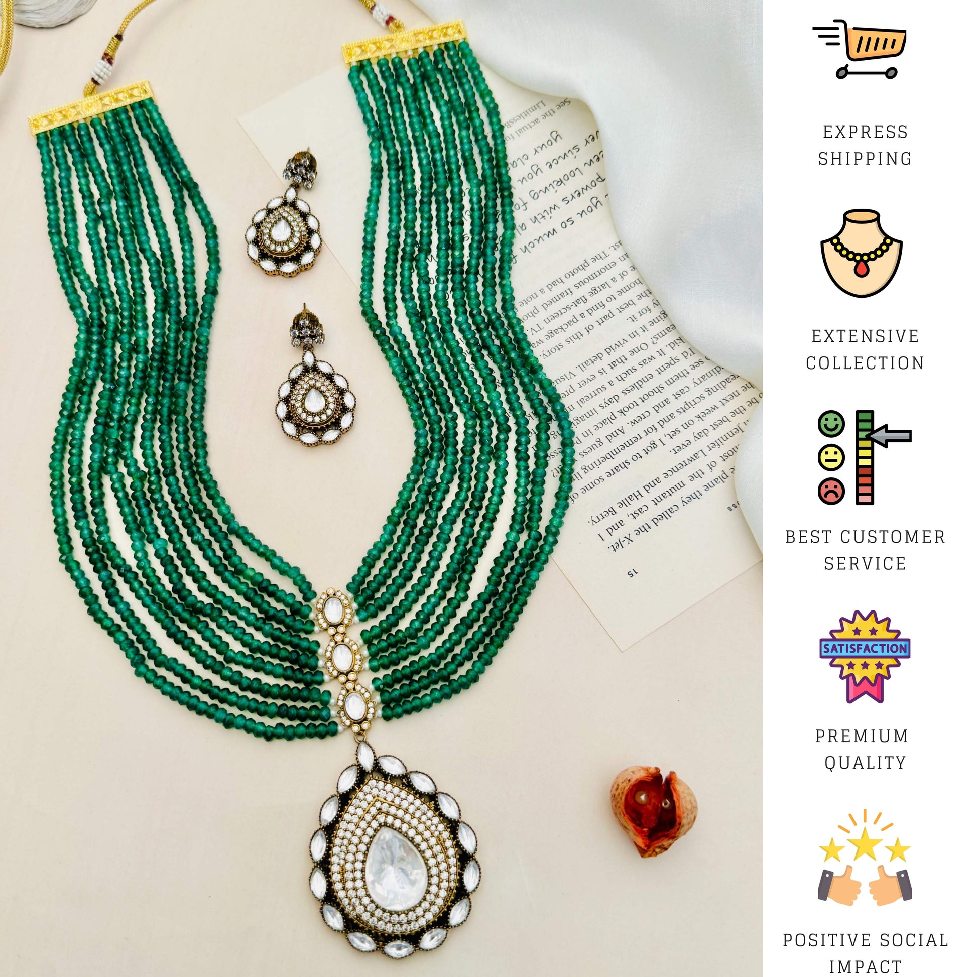 Emerald Green Polki Jaipuri Mala Set featuring multi-strand green beads and traditional polki pendant with matching earrings