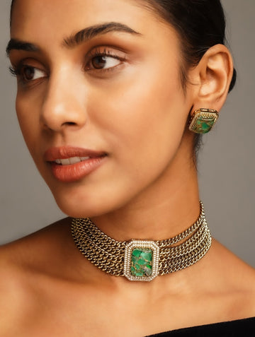 Emerald Pattern Ageless Chain Choker Necklace Set by Abdesignsjewellery with green gemstone and gold chains