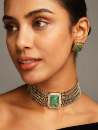Thumbnail for Emerald Pattern Ageless Chain Choker Necklace Set by Abdesignsjewellery with green gemstone and gold chains