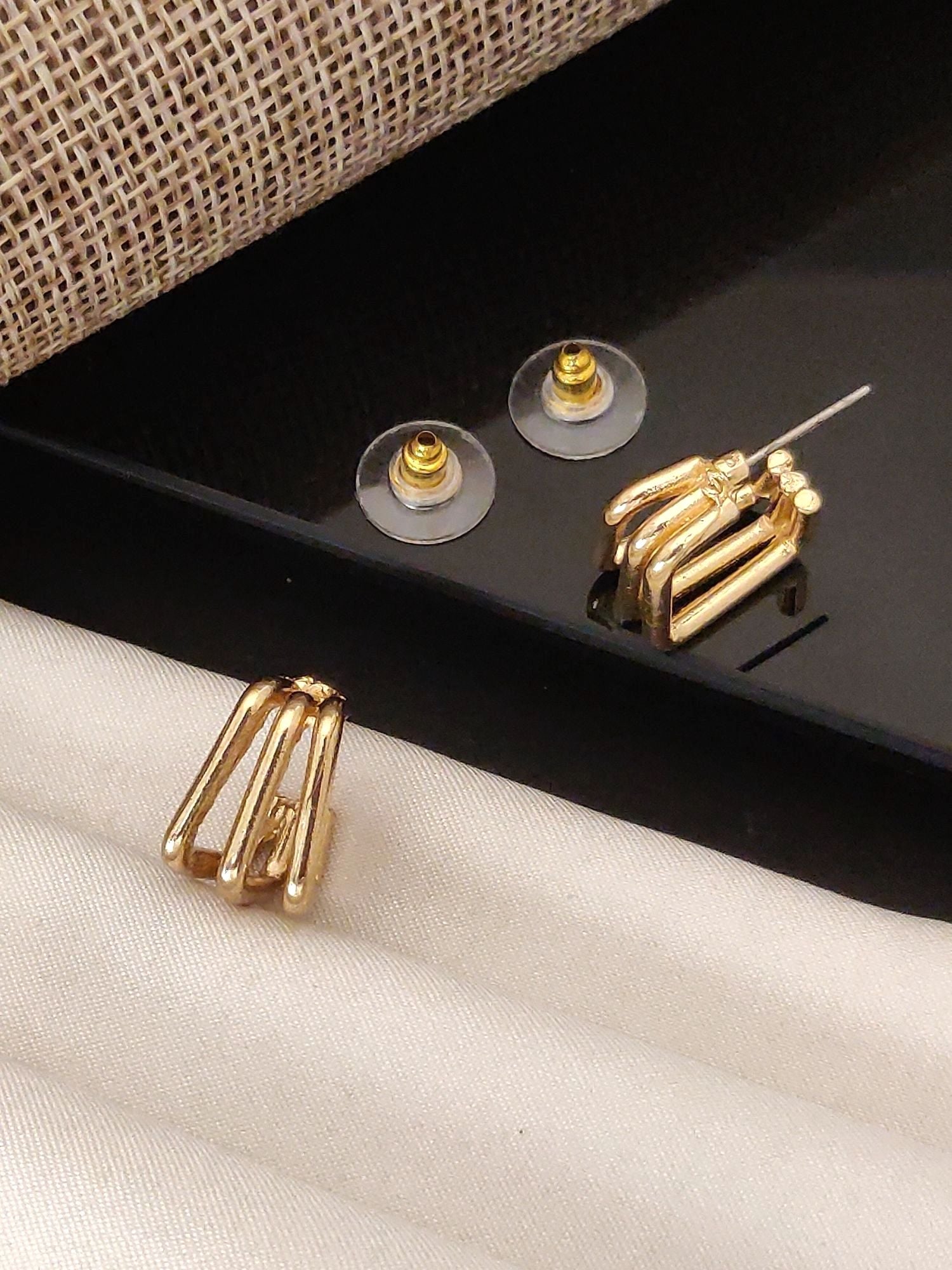 Abdesignsjewellery Fancy Gold Plated Western Studs Earring set with layered curved bar design and clear disc backs