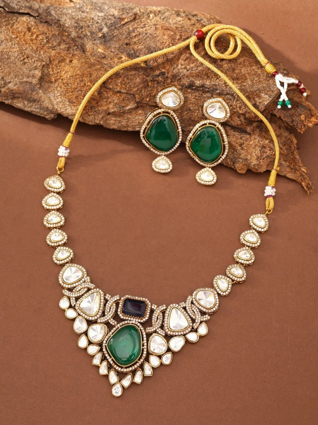 Abdesignsjewellery fashion polki necklace with earrings green stone gold polki choker set on model