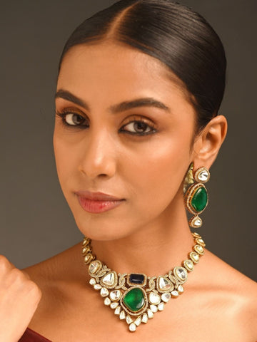 Abdesignsjewellery fashion polki necklace with earrings green stone gold polki choker set on model