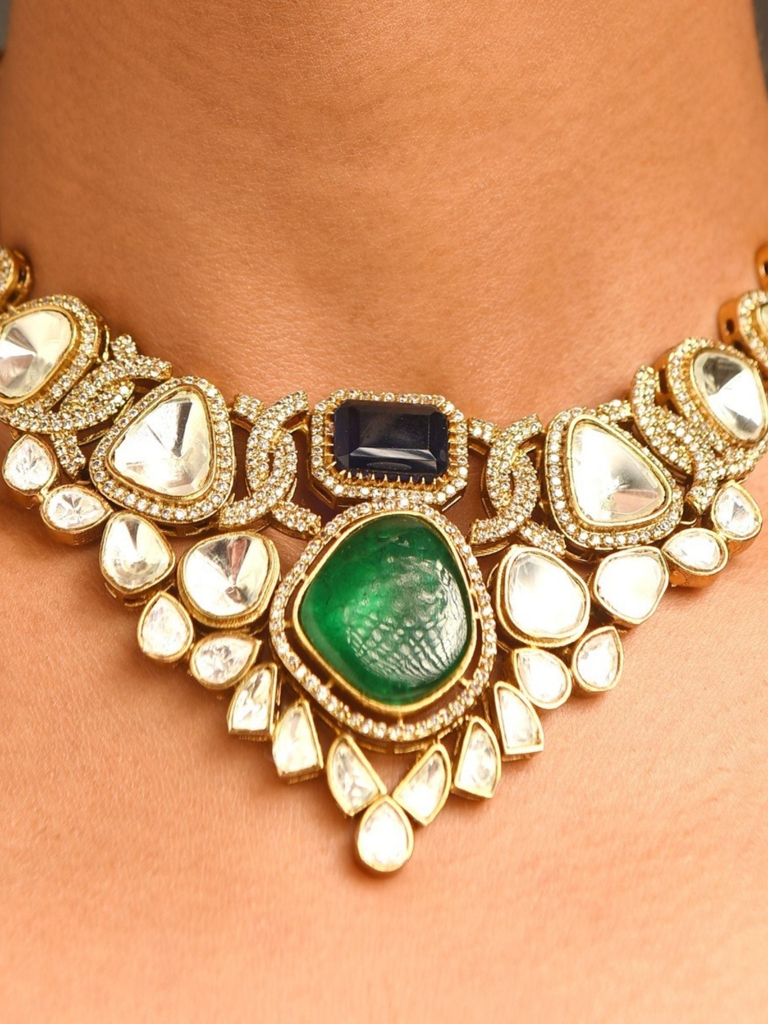 Abdesignsjewellery fashion polki necklace with earrings gold choker featuring large green center stone and polki accents