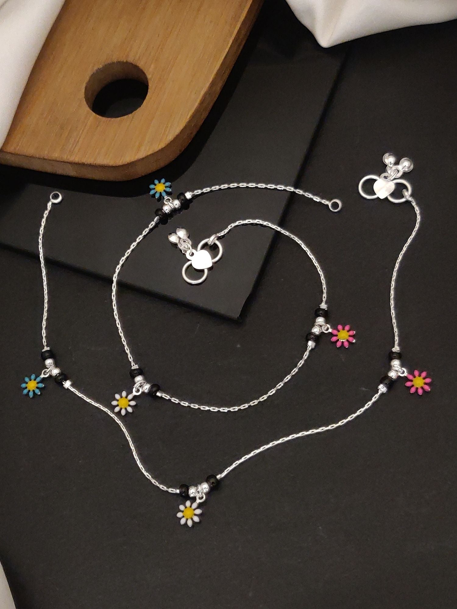Abdesignsjewellery delicate floral anklets with colorful flower charms on silver chains