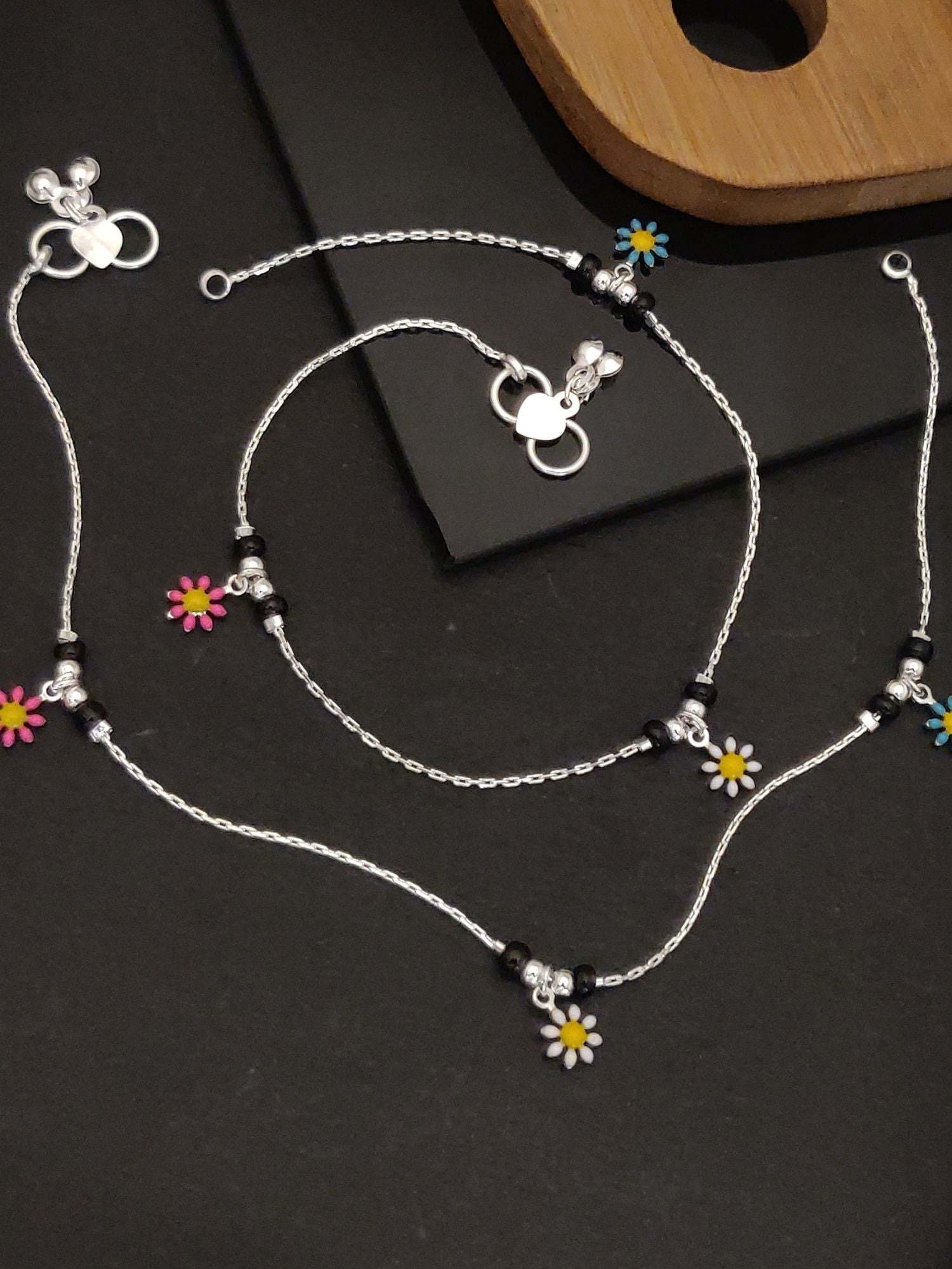 Abdesignsjewellery silver floral anklets with colorful flower charms on delicate chains