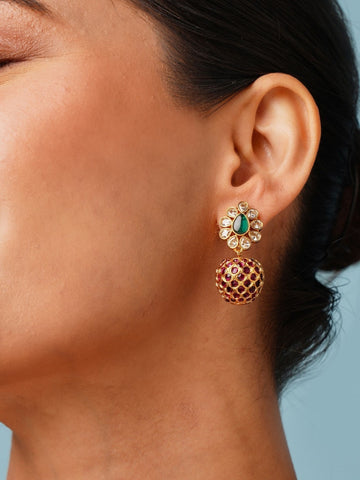 Floral Green & Ruby Earrings - Elegant Design by Abdesignsjewellery worn on ear with intricate floral and ruby detailing