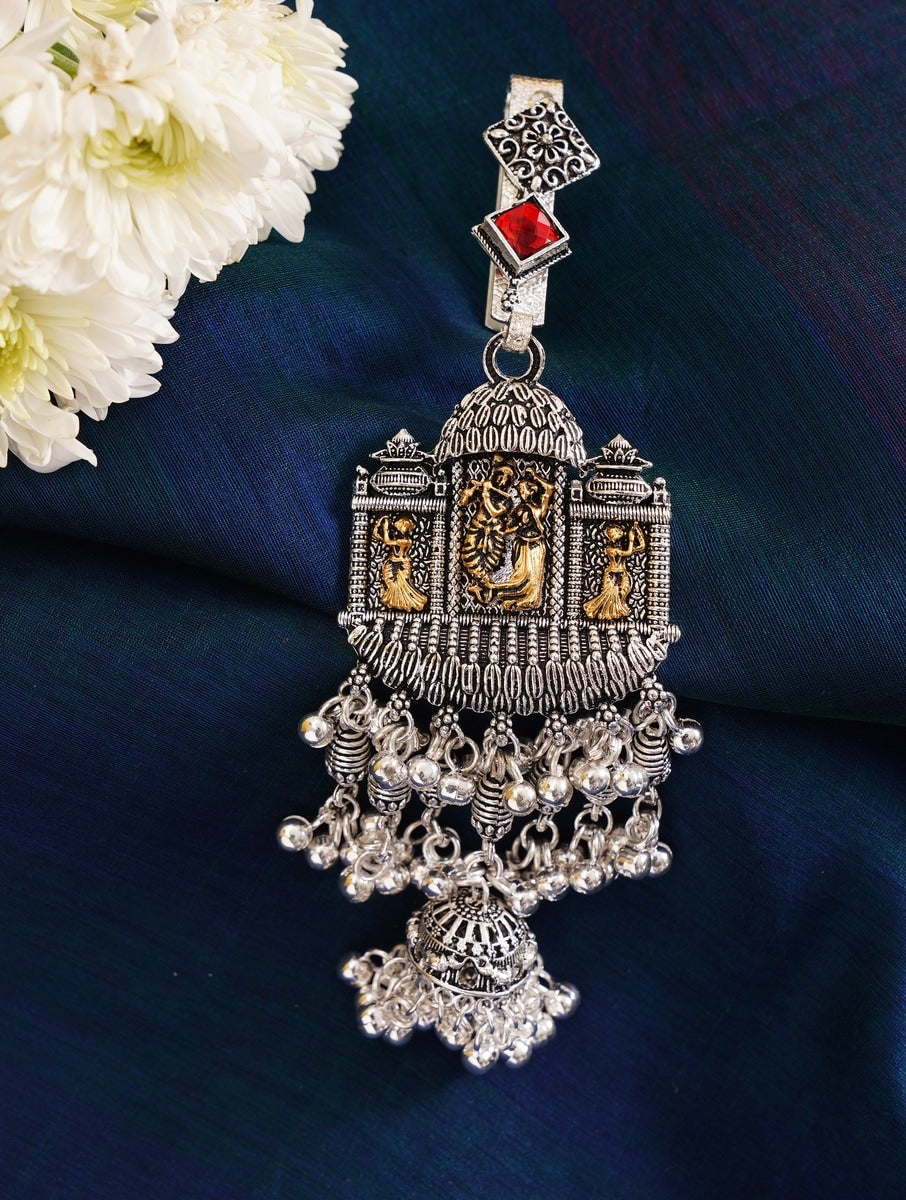 German Silver Antique Plated Saree Waist Juda Pin with intricate design and dangling beads by Abdesignsjewellery